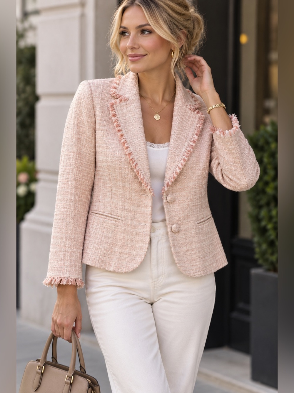 Fringed Tweed Blazer in Blush Pink